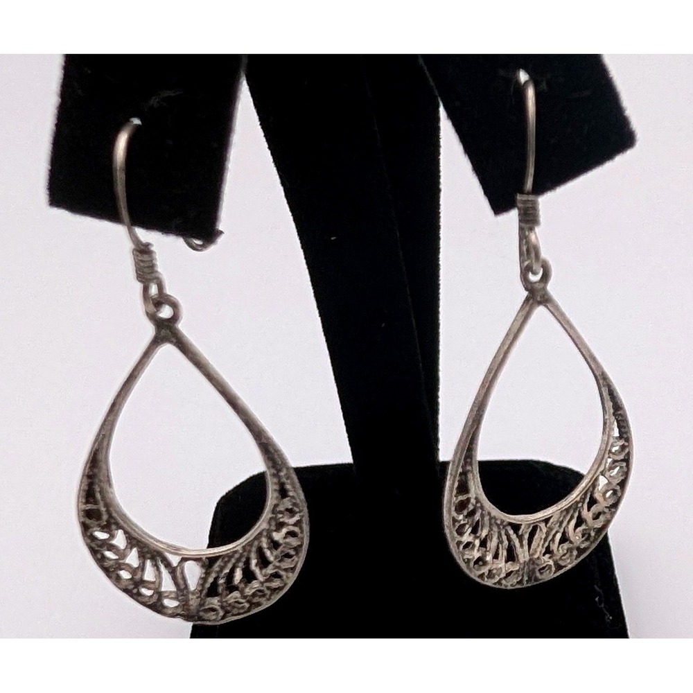 Sterling Silver 925 Filigree Teardrop Dangle Earrings Boho Openwork French Wire